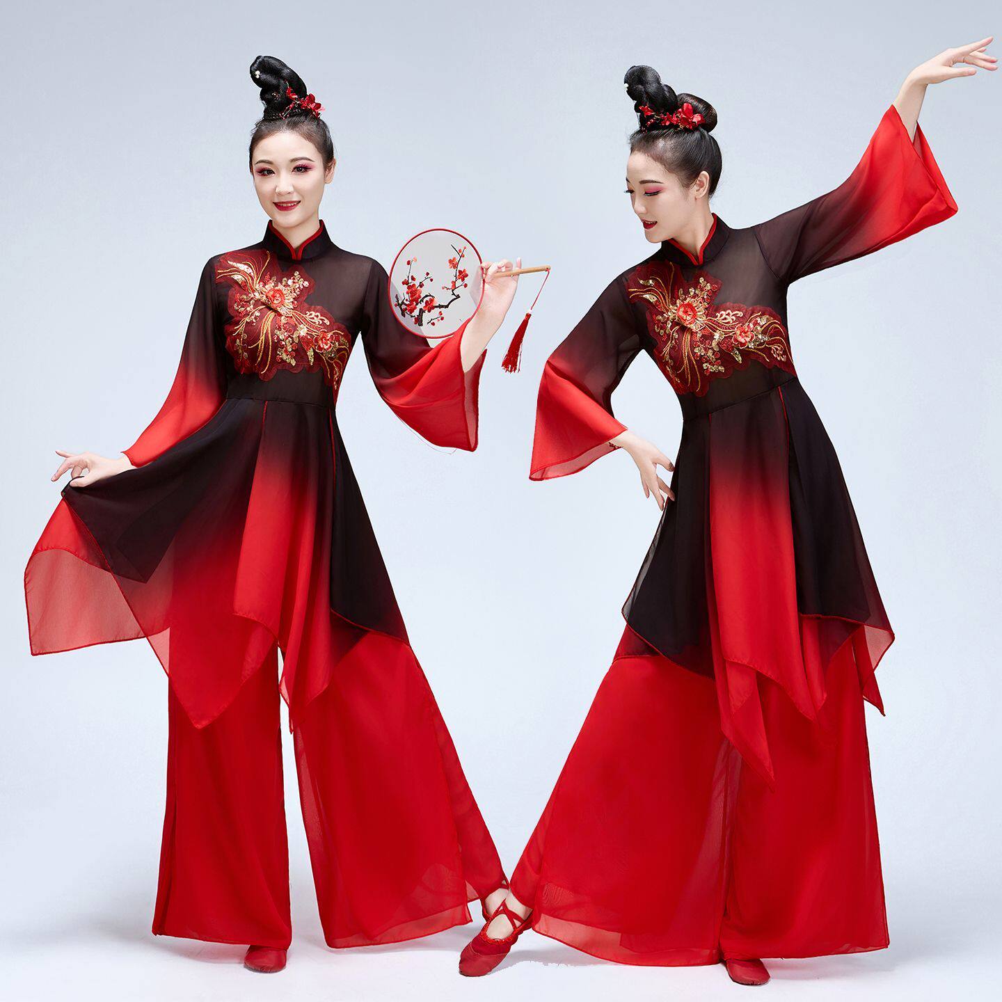 古典舞演出服飘逸新款现代中国喜庆秧歌广场扇子舞打鼓舞蹈套装