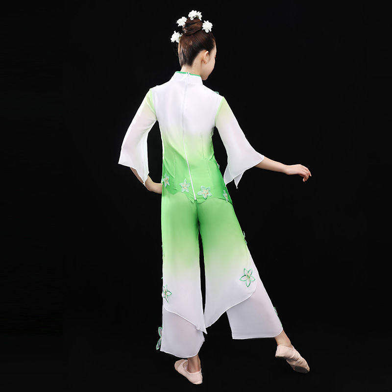 新款茉莉花古典舞蹈服扇子舞秧歌服广场舞绿色喜庆舞台演出服成人