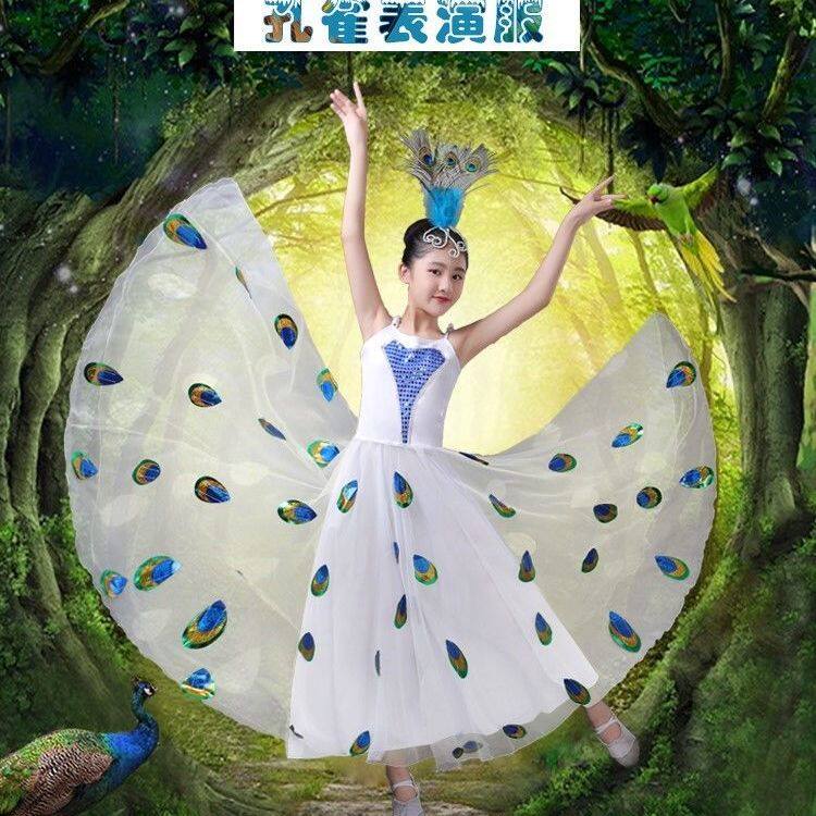新款开场舞傣族舞蹈服装儿童成人女雀之灵白色孔雀舞大摆裙表演服