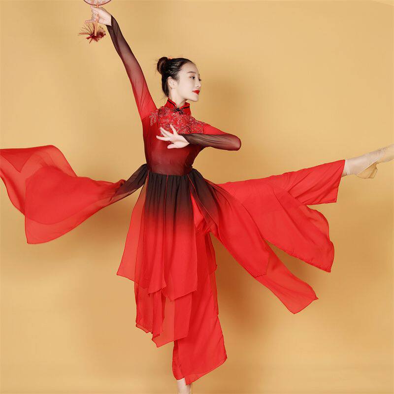 古典舞蹈服女飘逸演出服中国风独舞艺考扇子舞现代伞舞表演服红色