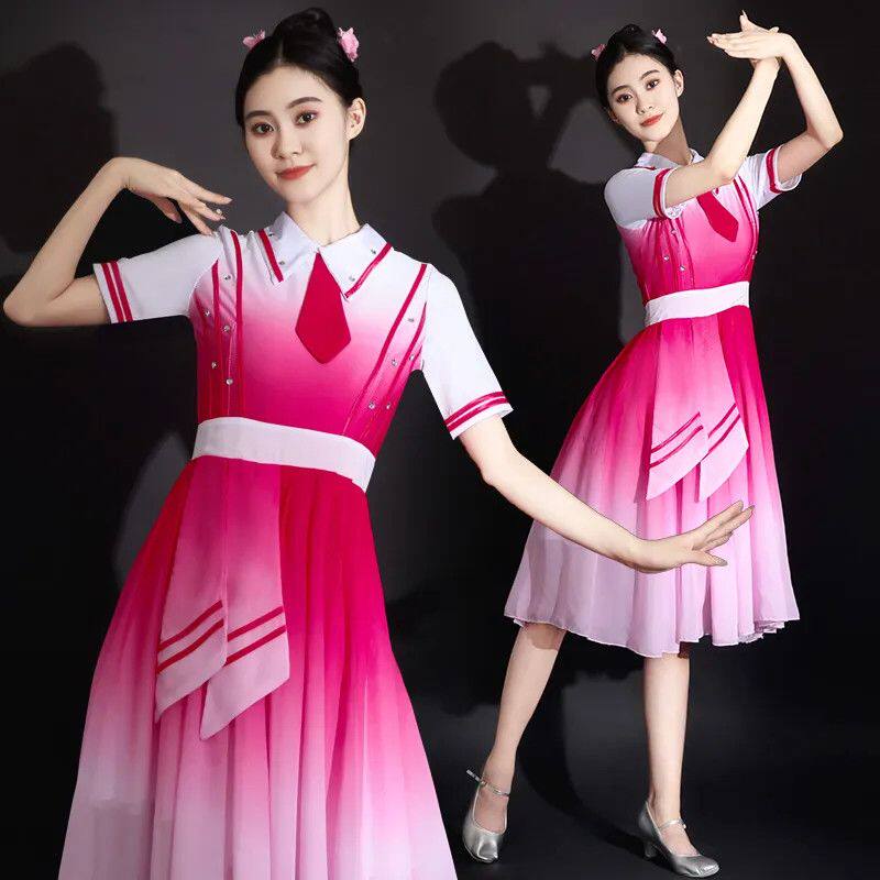 现代舞演出服青春活力新款舞蹈连衣裙短款广场舞表演合唱团服装