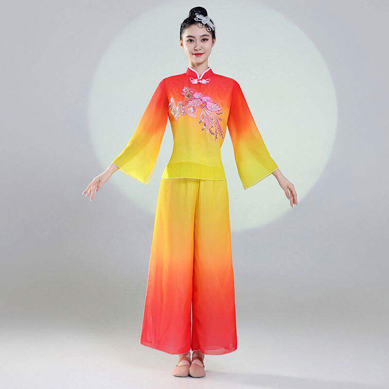 新款古典舞演出服扇子舞广场舞秧歌舞伞舞蹈民族风舞蹈服雪纺套装