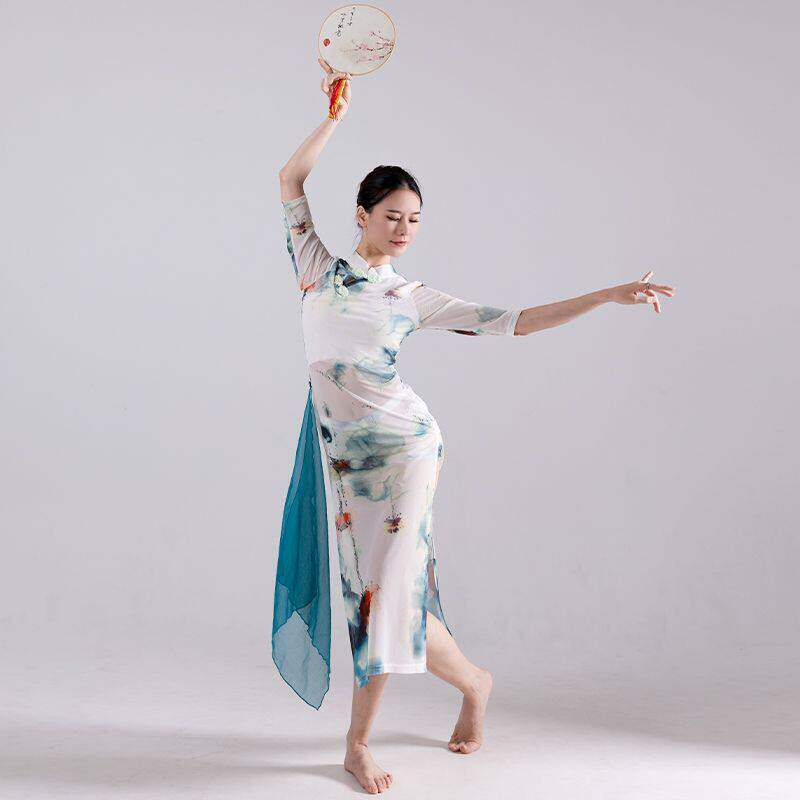 古典舞旗袍舞蹈服练功服女成人网纱性感淡雅改良旗袍连衣裙演出服
