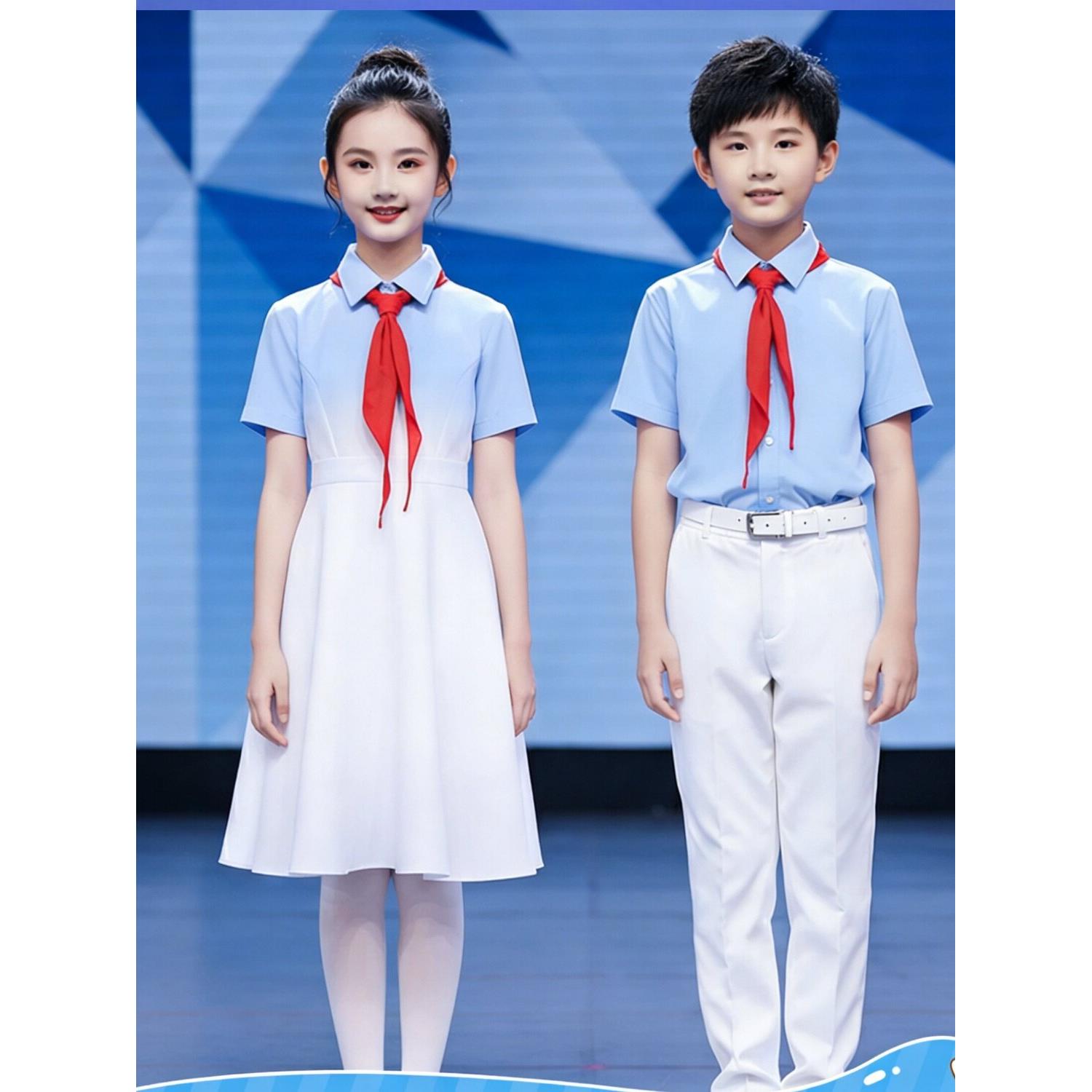 儿童合唱诗歌朗诵演出服蓝色中小学生中国风演讲比赛大合唱团服装