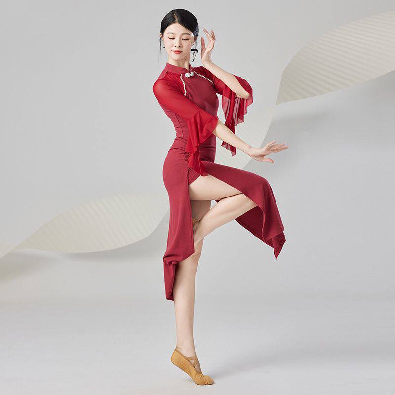 古典舞旗袍舞蹈服装女新款身韵纱衣长款复古国风开叉修身表演出服