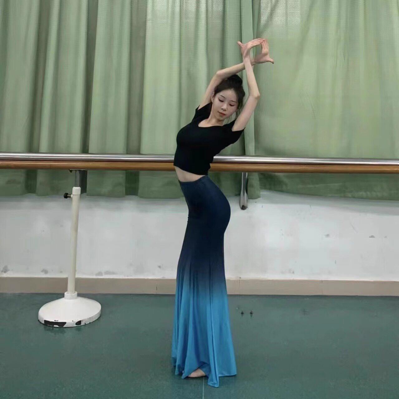 成人鱼尾傣族舞蹈演出服黑色渐变长袖练功裙表演服傣族舞裙艺考服