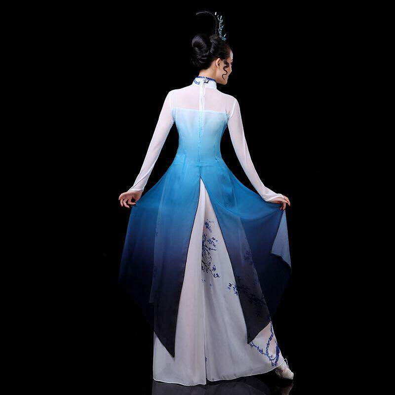 古典舞演出服女飘逸旗袍扇子舞伞舞古风水墨中国风青花瓷舞蹈服装