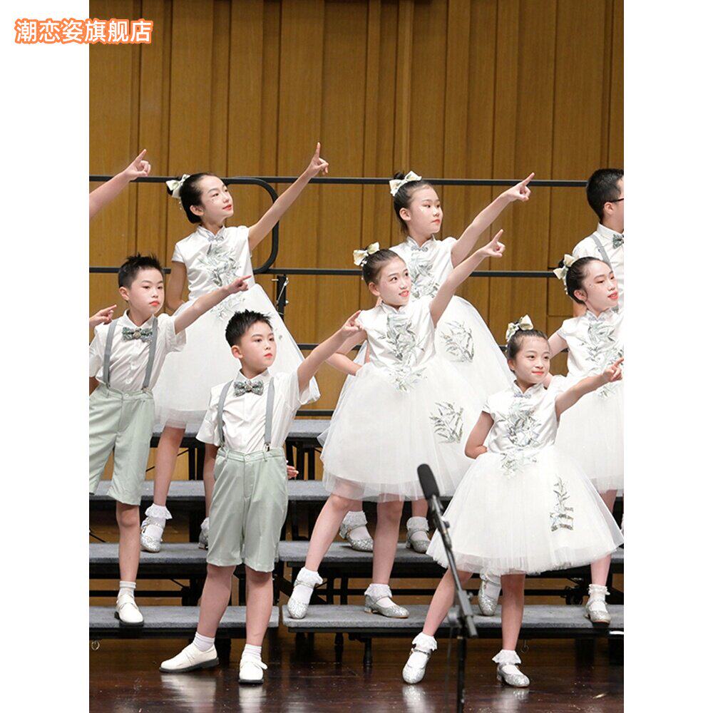 六一儿童合唱演出服高端青花瓷中国风诗歌朗诵礼服古筝表演服纱裙