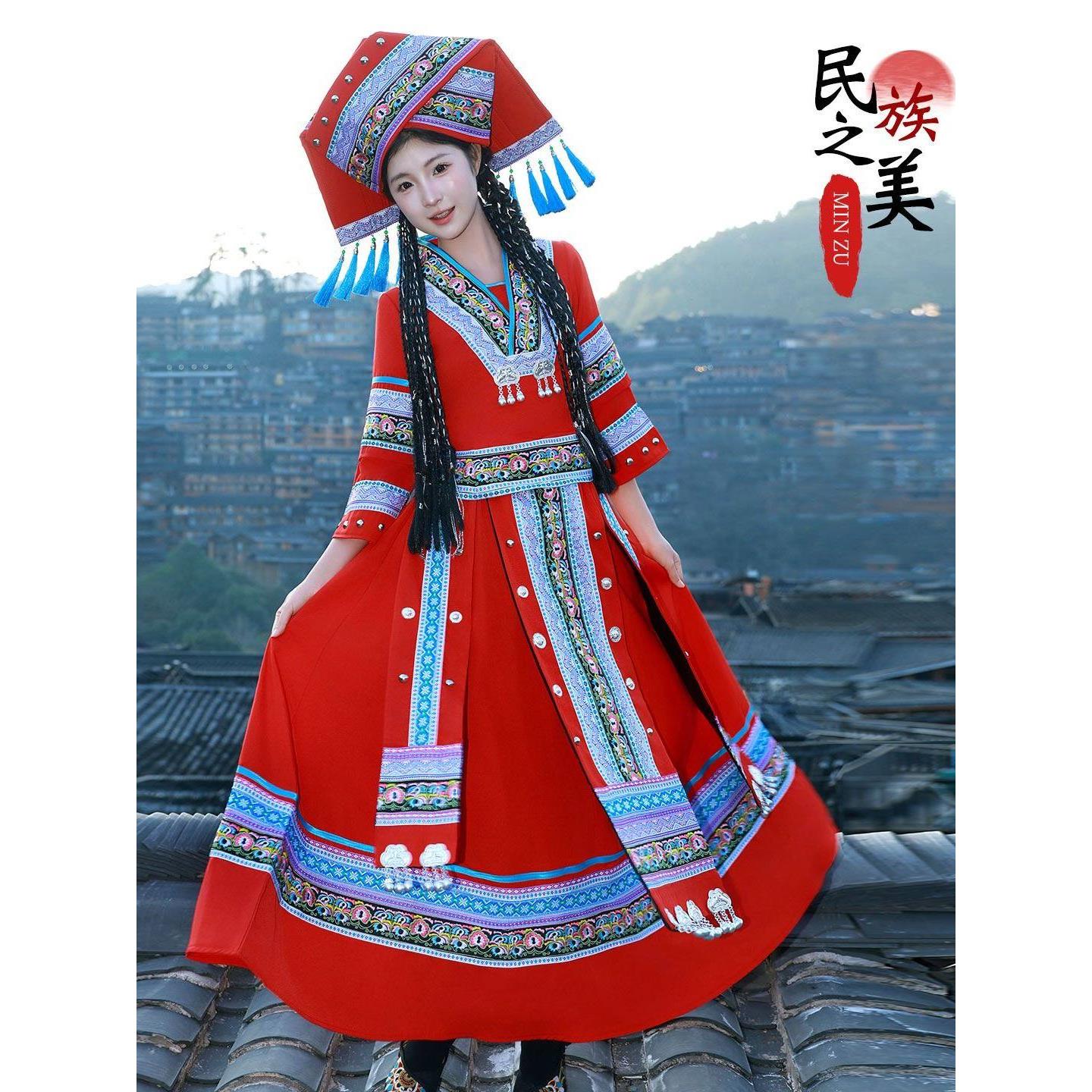 新广西壮族成人服装女传统刺绣壮锦盛装三月三少数民族舞蹈表演服