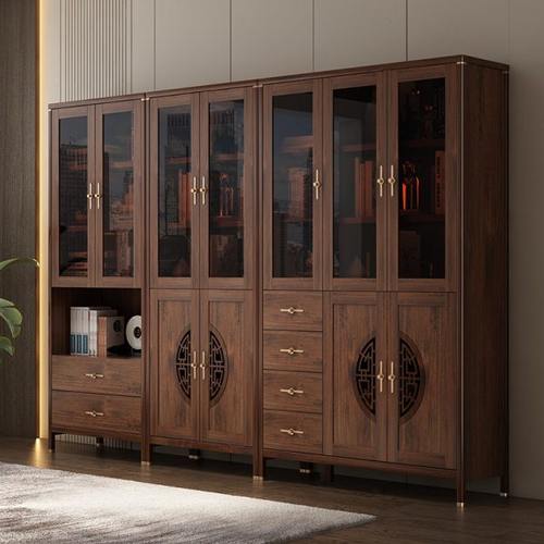 新中式书柜组合实木色书房储物柜办公室书橱玻璃门收纳置物展示柜