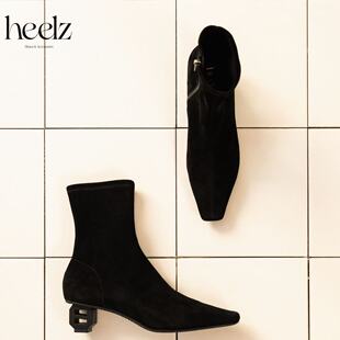 heelz设计师手工鞋 ｜H灯笼跟弹力羊翻毛皮瘦瘦靴4.5公分 履