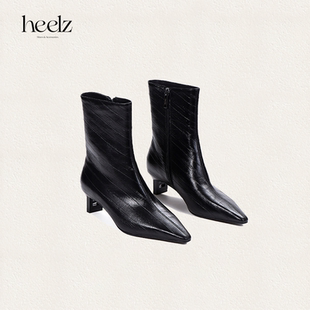 heelz设计师手工鞋履 |立构美学H小猫跟鳗鱼纹羊皮短靴4.5公分