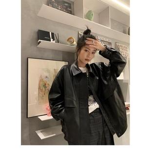 秋冬加绒港风休闲宽松廓形酷帅潮黑色拉链机车皮衣女