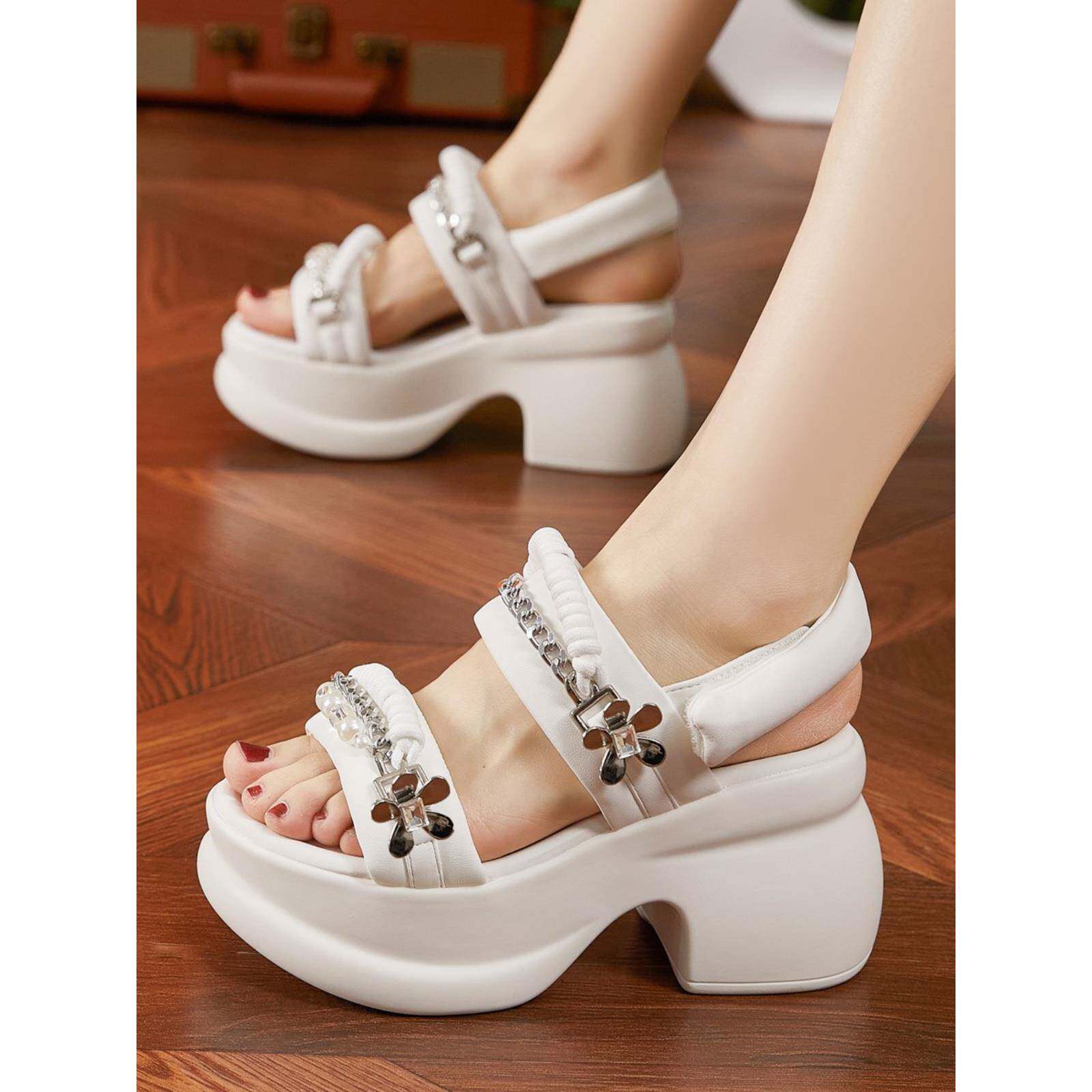 厚底坡跟凉鞋女士2024夏季新款高跟水钻休闲高级感魔术贴凉拖