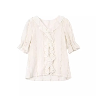 衬衫 天丝重工刺绣荷边叶V领领短袖 甜茶小衫 女W23BE8252 法式