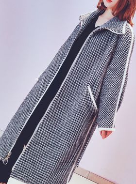 千鸟格子苏丽绒拉链长款风衣外套XGL148a