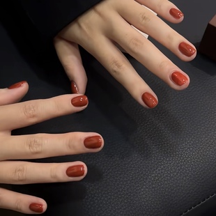 妮可NAIL 显白短甲砖红色纯色纯手工穿戴甲片假指甲 新款
