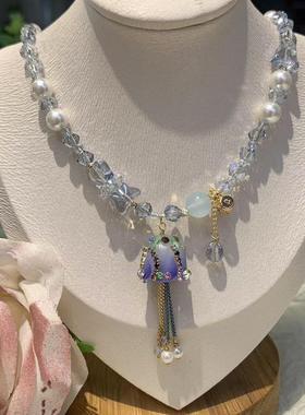 蓝色海蓝宝郁金香项链小众首饰