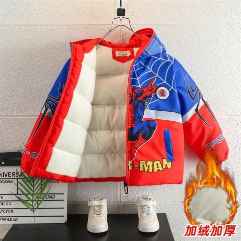 男童蜘蛛侠棉服儿童加绒连帽棉衣加厚保暖棉袄冬季中小童发光外套