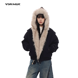 VINMUK冬季毛领毛绒座山雕棉服巨好看美式复古短款棉服外套女加厚