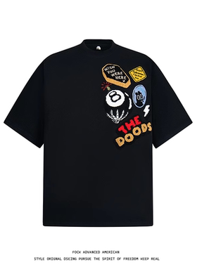 FOCK复古美式重磅街头徽章植绒刺绣宽松短袖男女高街情侣T恤半袖