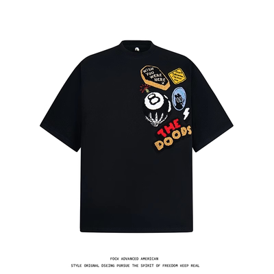 FOCK复古美式重磅街头徽章植绒刺绣宽松短袖男女高街情侣T恤半袖