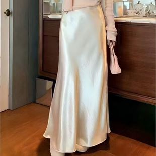 鎏光鱼尾裙仿醋酸缎面鎏金半身裙松紧腰高腰法式 垂坠纯白长裙子