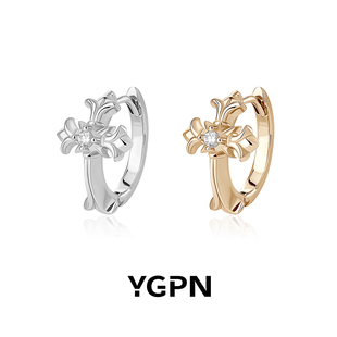 YGPN十字架鸢尾花耳扣女925纯银莫桑钻原创小众设计高级感耳环