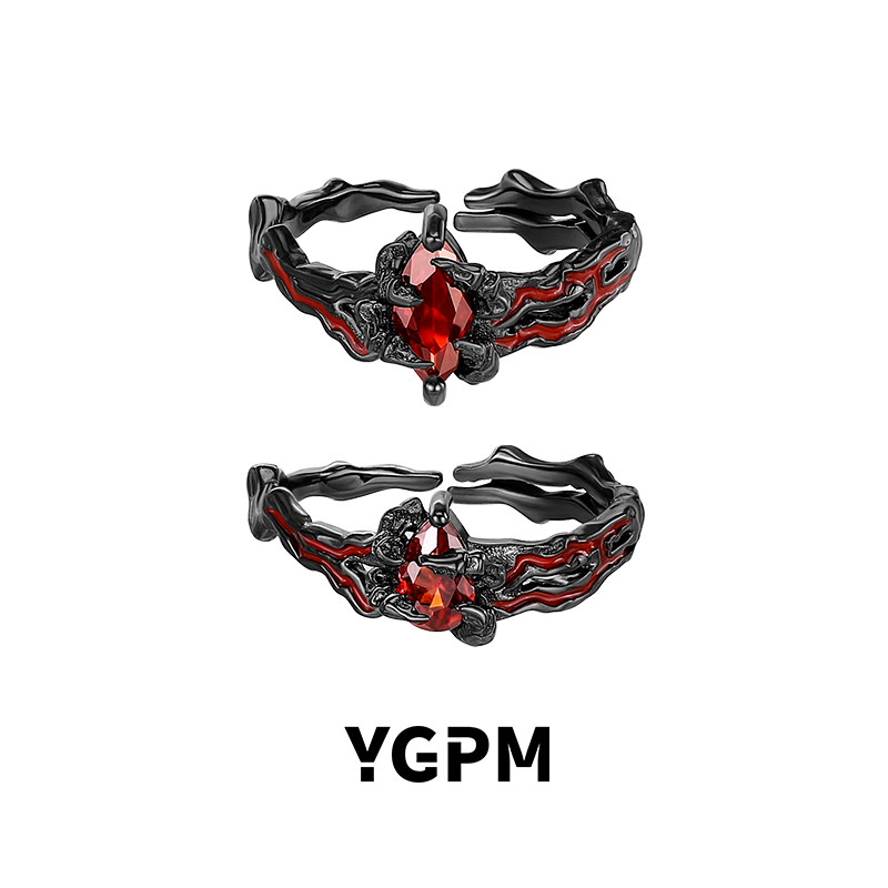 YGPM龙爪戒指原创小众开口设计S925纯银龙骨红宝石暗黑风个性指环