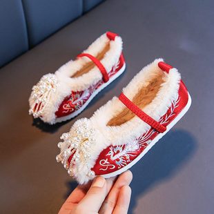 古裝 棉鞋 寶寶保暖加絨拜年童繡花鞋 鞋 女國潮鞋 古風子女兒童漢服鞋