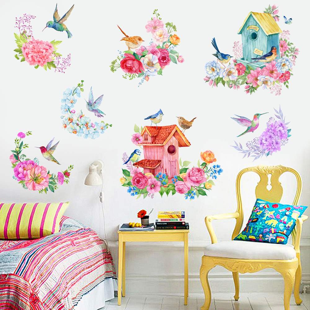 新款小鸟植物花朵墙贴儿童房客厅卧室创意简约装饰背景墙自粘贴画图片