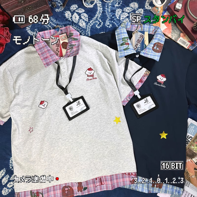 酒酿丸子ALOHA 复古港风刺绣拼接假两件情侣T恤短袖POLO叠穿衬衫