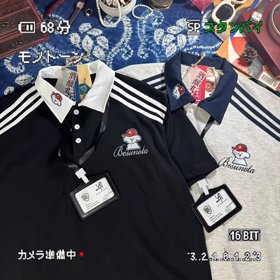 酒酿丸子ALOHA 复古撞色拼接短袖插肩T恤翻领POLO衫胸牌情侣装夏