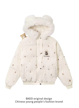 BKDD原创挂件波点小熊毛领连帽棉服外套女男冬季情侣保暖面包服