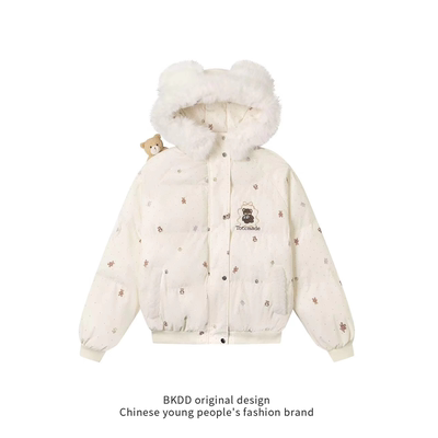 BKDD原创挂件波点小熊毛领连帽棉服外套女男冬季情侣保暖面包服