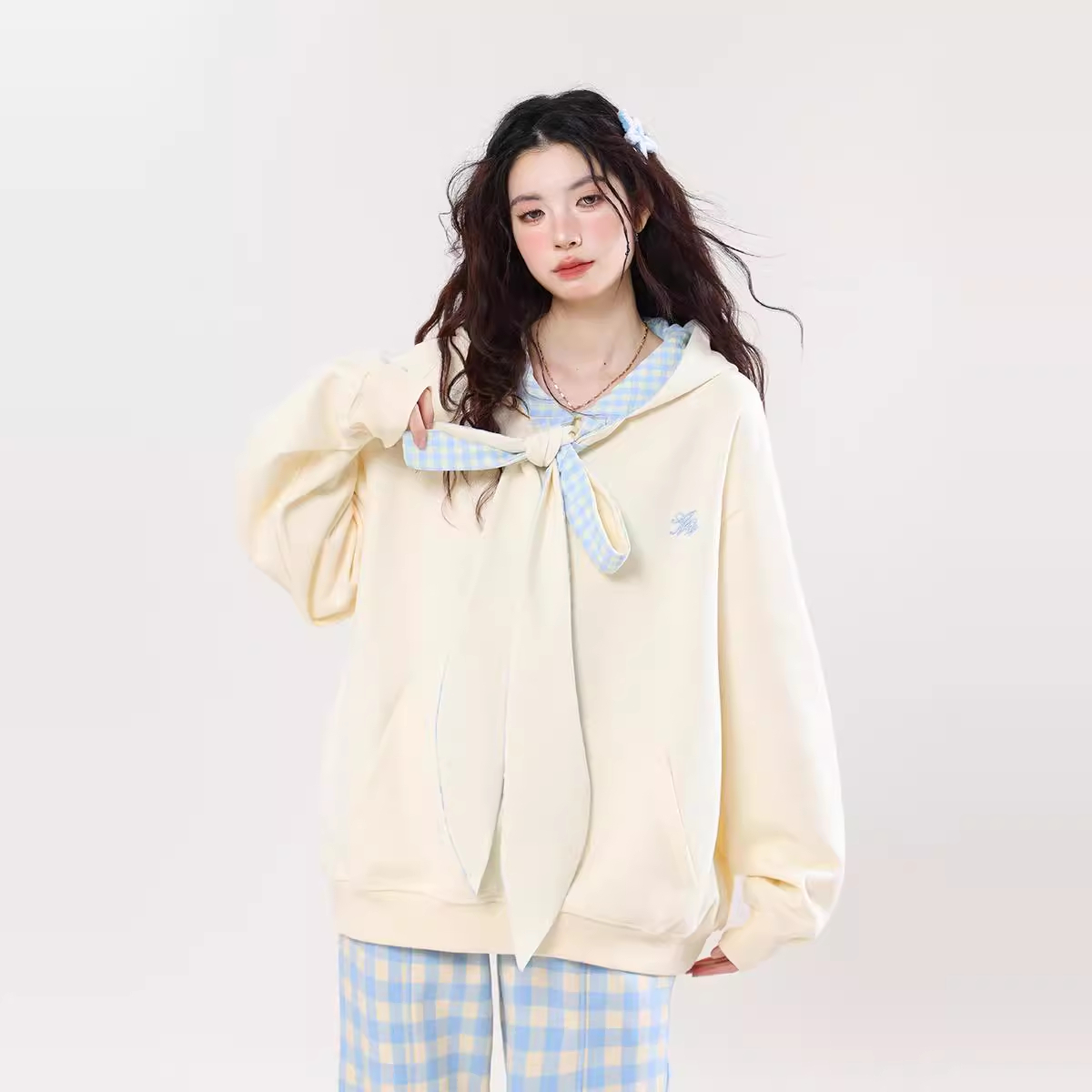 ENJOG 甜美格子蝴蝶结绑带连帽卫衣女早春新款设计感宽松慵懒外套