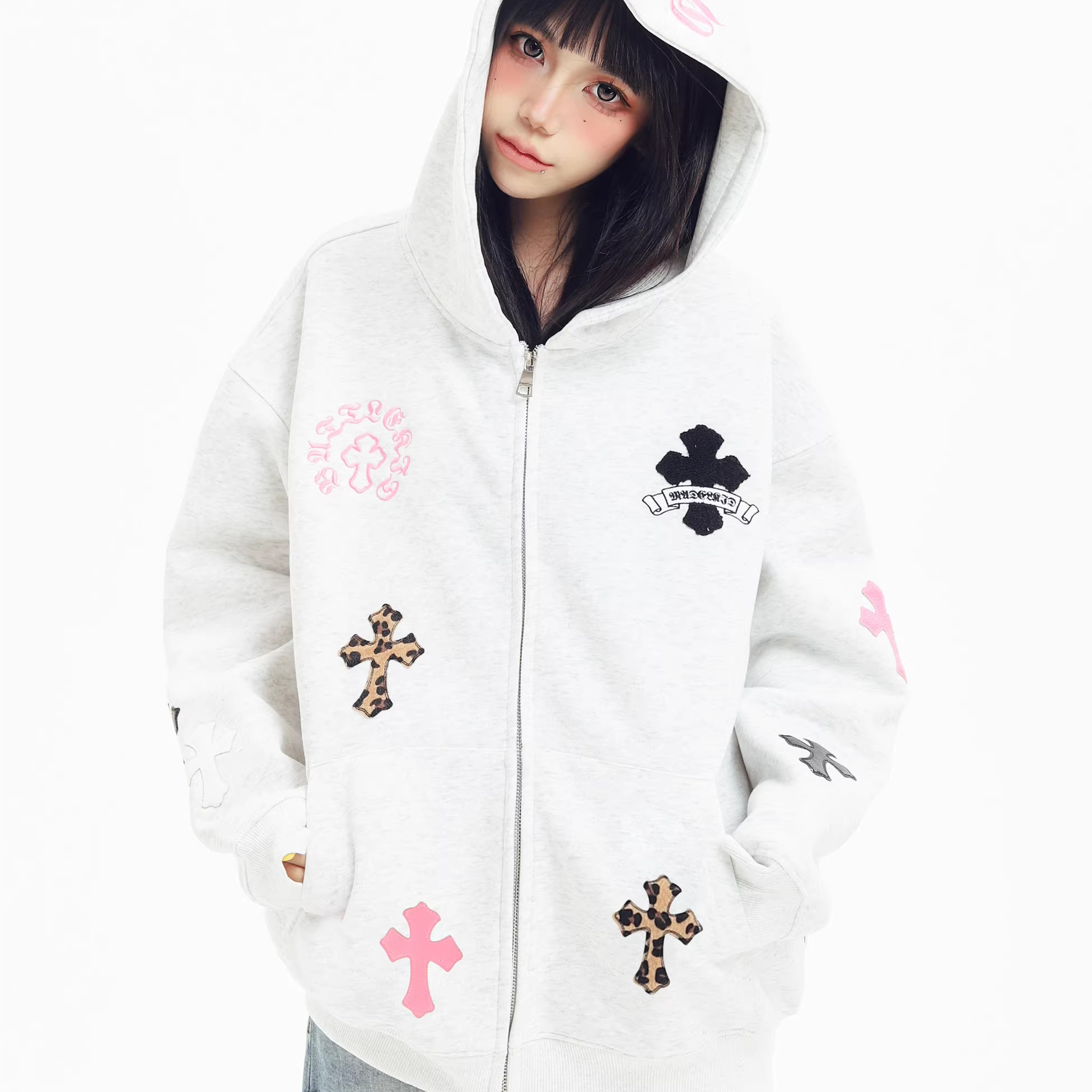 KESOAK 美式十字刺绣连帽开衫外套秋冬新款拉链男女休闲宽松卫衣