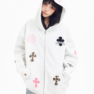 KESOAK 美式十字刺绣连帽开衫外套秋冬新款拉链男女休闲宽松卫衣