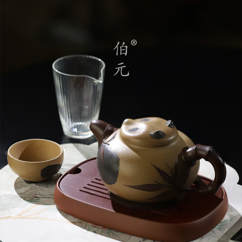 名家工艺师宜兴紫砂壶全手工原矿段泥粉浆熊猫壶460ML大容量茶壶