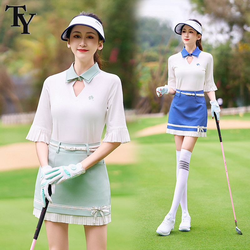 春夏高尔夫女士服装五分袖运动修身高弹防晒百褶袖口上衣golf服饰