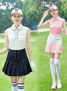 高尔夫服装女士背心无袖T恤Polo衫 夏季修身显瘦短袖运动白色上衣