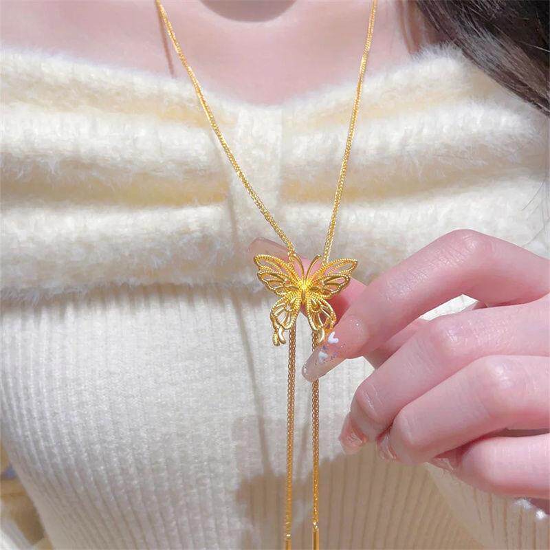 古法黄金色立体蝴蝶项链新中式气质轻奢小众高级抽拉式锁骨毛衣链