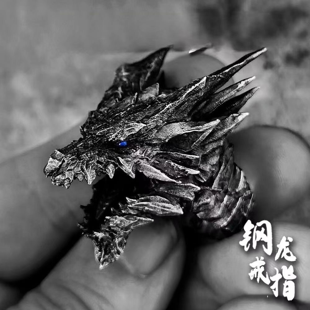 原创手工錾刻龙戒指男士霸气防身指环嘻哈朋克开口戒指送男友礼物
