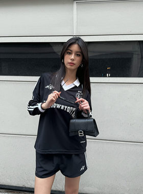 AHRTB原创设计师女装2025春夏新款小V领运动休闲长袖条纹polo衫