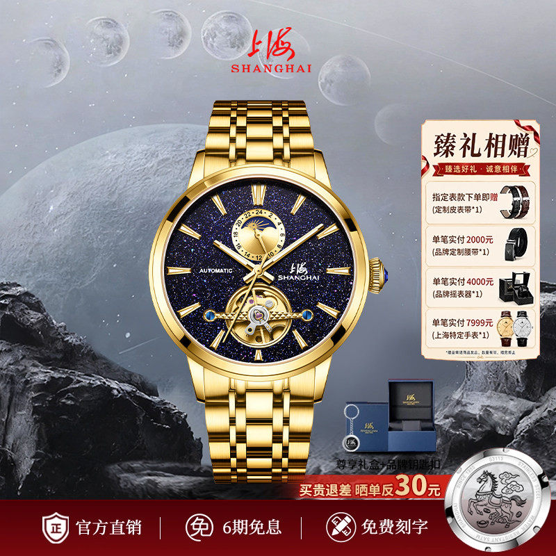 上海手表男日月星辰新款腕表砂金石星空飞轮自动机械表防水6009