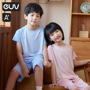 euv 套装 男女童莫代尔条纹家居服中大童小孩短袖 儿童睡衣夏季 夏天