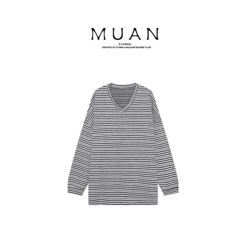 木岸muan屿川条纹T春秋定制高级宽松法式v领条纹衫女X-MJ-F8687