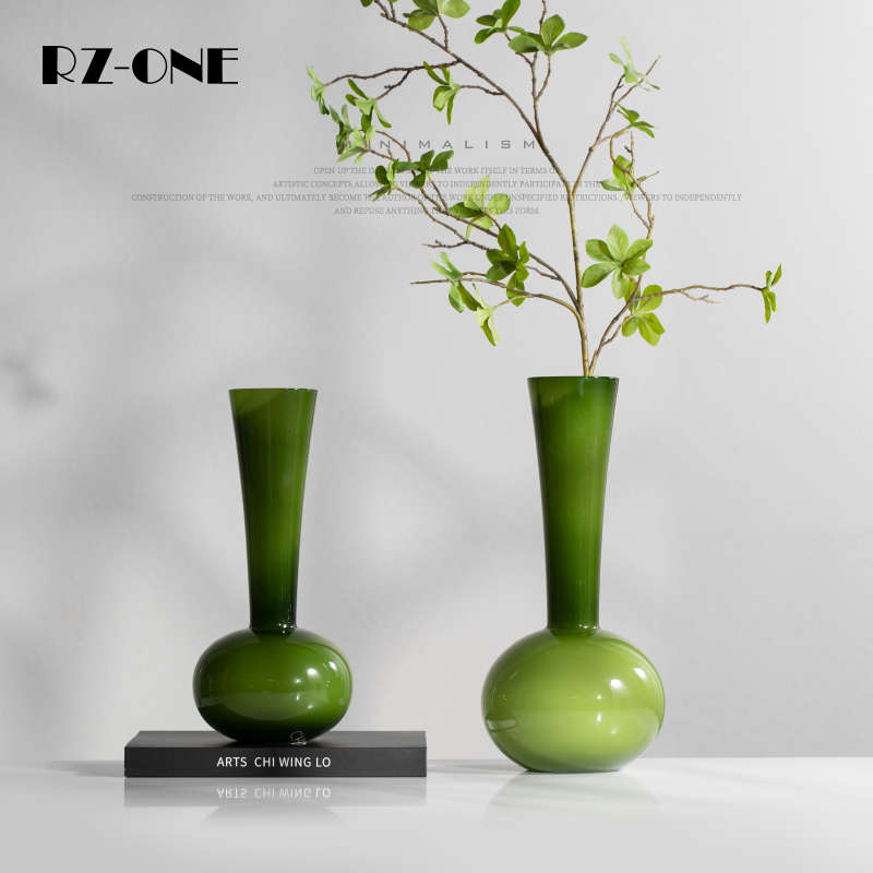 Rzone 法式中古高级感琉璃花瓶橄榄绿手工小众艺术插花瓶客厅摆件
