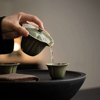 圭隐堂越窑青瓷复古茶具茶杯烫手盖碗分家用过滤壶泡防茶器抓手工