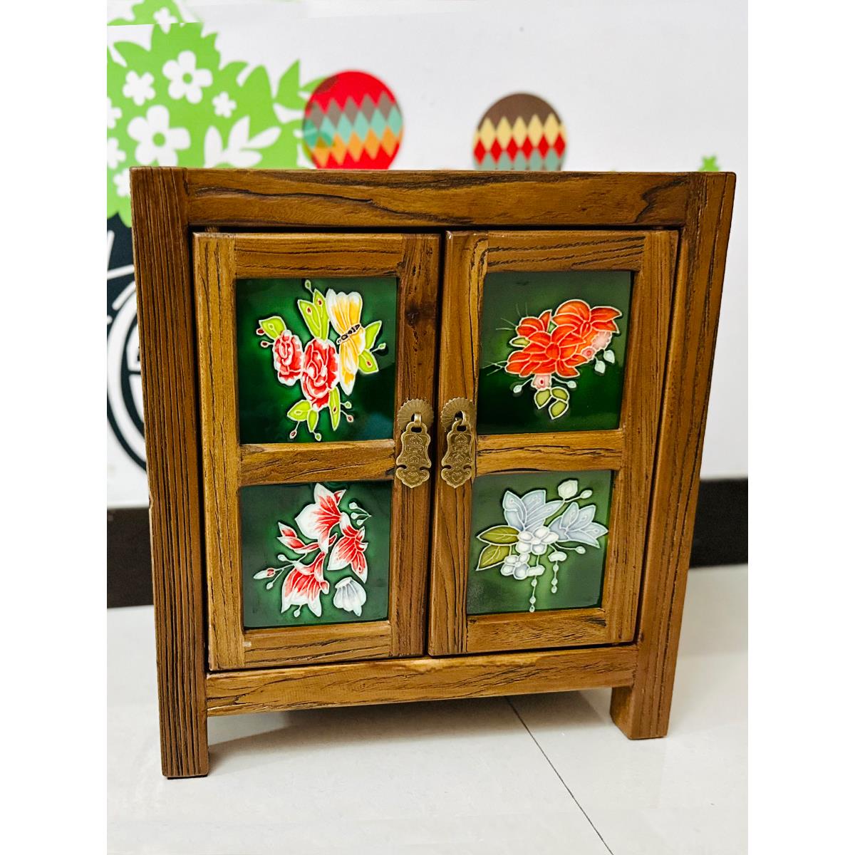 [绘陶家居]老榆木茶水柜桌面茶具水杯收纳柜立体浮雕手绘陶瓷镶嵌